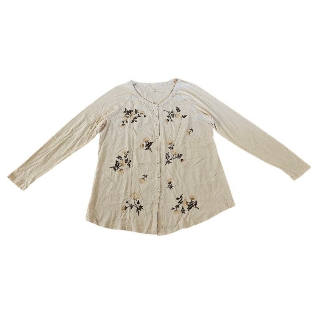 J. Jill Embroidered Woven Front Shirt Beige Floral Button Down Top Large